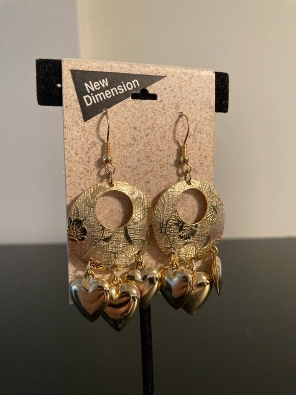 Gold Floral Disc Earrings with Heart Charms